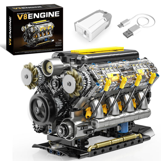 BseSparklion V8 Engine Model Kit that Runs, Visible Mini Car Motor Building Blocks Set for Adults, Compatible with Lego, STEM Physical Science Educational Toy for Teens Boys 14+ (905 PCS)