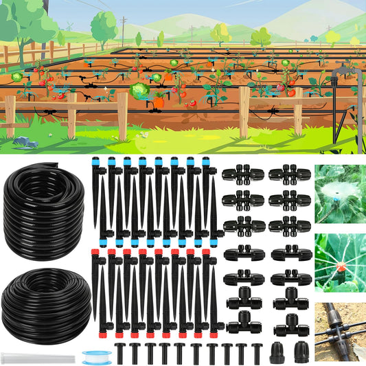 250FT Drip Irrigation System Kit, 50FT 1/2" Main Tube & 200FT 1/4" Tubing, Quick Connect Design, Brass Splitter, Adjustable Emitters & Misting Sprayers for Garden, Lawn, Raised Beds, Outdoor Plants