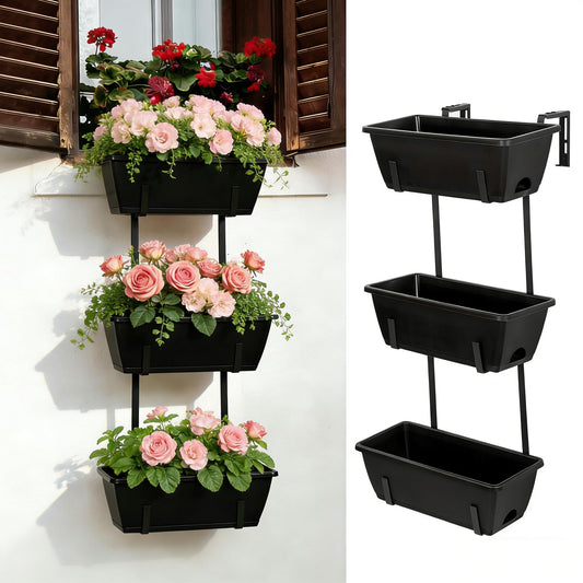 OYEAL Railing Planter Box 3 Tier Vertical Window Boxes Planter Outdoor with Adjustable Brackets & Rectangular Flower Pots Deck Railing Hanging Flower Pots for Patio, Lawn, Porch, Balcony Decor, Black