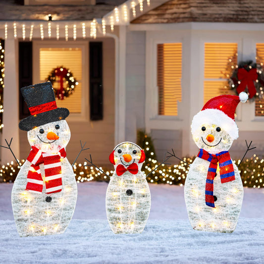 HOURLEEY Christmas Decoration 60 L Lighted Snowman Family Outdoor, 3-Piece Waterproof Plug in 2D Snowman for Yard Patio Lawn Garden Party Decor 29X12.2Inch-Large (Warm White)