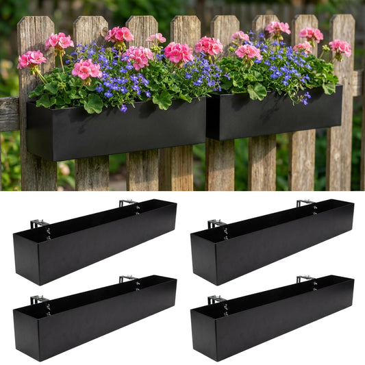 LaLaGreen Railing Planter Box (30 Inch, 4 Pack) Large Black Metal Rectangular Hanging Flower Boxes with Brackets, Planters for Outdoor Deck Railings Fence Balcony Patio Porch Over Rail Garden Decor