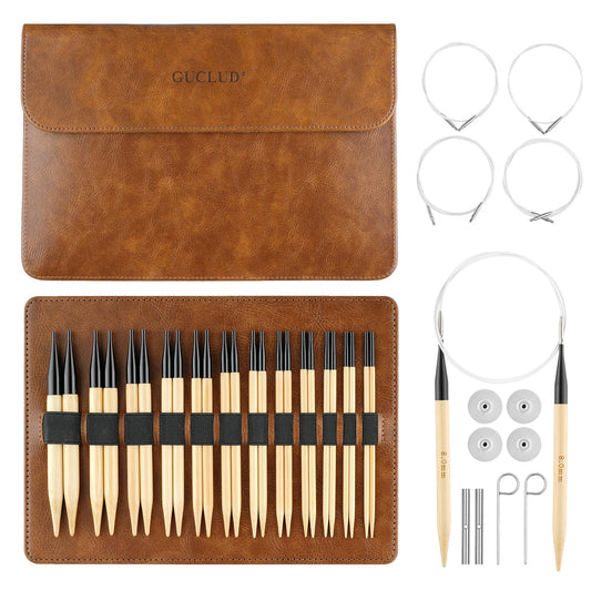 Guclud Bamboo Knitting Needles Set, 5-Inch Interchangeable Circular Knitting Needles US 4-15 (3.5-10mm),12 Pairs of Hand-Polished Circular Needles, 4 Cables, Accessories & Case (Black Tip)