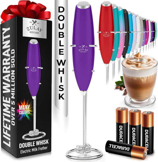 Zulay Kitchen Whisk Milk Frother - Powerful Handheld Foam Maker for Coffee, Lattes & More | Includes 4 Duracell Batteries