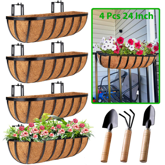 HKZ Deck Balcony Railing Planter Window Boxes - 4 Pack 24 Inch Planter Box, Balcony Planters Railing Hanging, Window Boxes Outdoor Fence Planters
