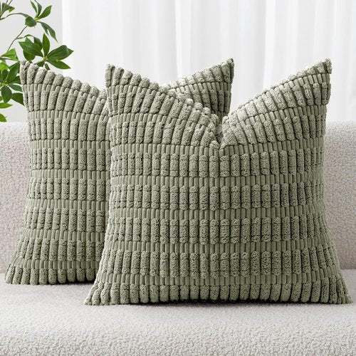 MIULEE Corduroy Throw Pillow Covers - Soft Boho Striped Design | 16x16 Inch Light Olive Green, Set of 2