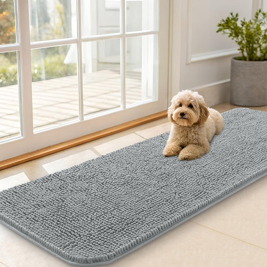 OLANLY Dog Door Mat - Absorbent Non-Slip Chenille for Muddy Paws | 59x20 Grey Indoor Entryway Carpet