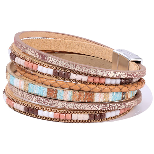 Becklynn Boho Leather Wrap Bracelets Beaded Crystal Stackable Cuff Bracelet with Magnetic Clasp Cowboy Cowgirl County Concert Outfits Western Jewelry Gifts for Women(Double Layer Brown)