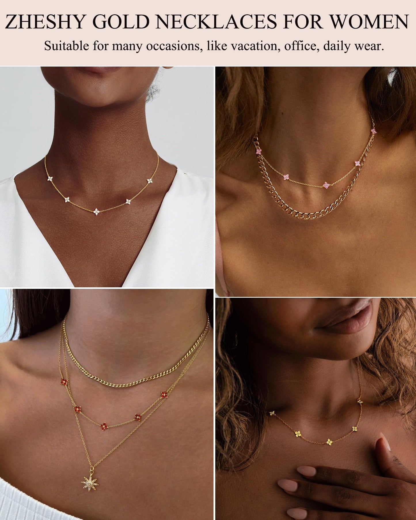 ZHESHY Birthstone Gold Necklace for Women Dainty Non Tarnish 14K Gold Plated Clover Necklaces Red CZ Station Choker Necklace Birthday Gifts Womens Gold Jewelry