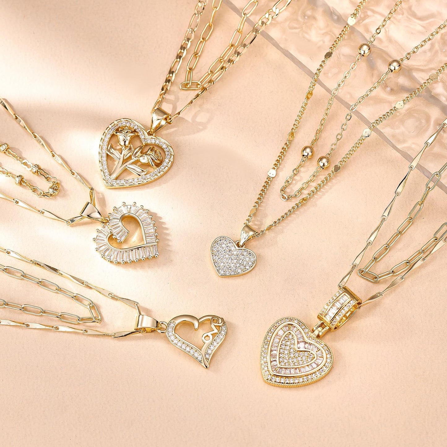 MEIITRUE Heart Necklaces for Women Trendy 14k Gold Plated Dainty Layered Necklace Set Cubic Zirconia Pendant Choker Beaded Chain Stackable Jewelry Gifts for Her