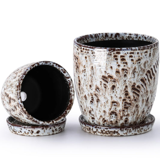 4+5.75 Inch Ceramic Planter Set of 2 with Drainage Hole and Saucer for Plants, Indoor-Outdoor Large Round Succulent Orchid Flower Pot -Reactive Glaze Speckled(Inner-pots not Larger Than 5 Inch)