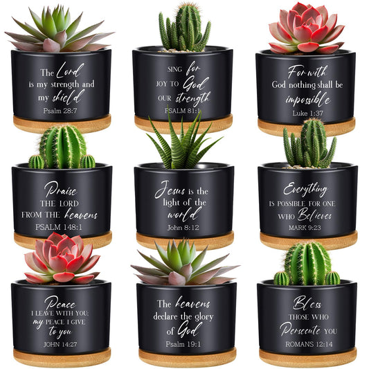 RimCereal 9 Pcs Inspirational Bible Verse Gifts Black Ceramic Succulent Pots with Bamboo Saucers Christian Decor Perfect Religious Gift for Home Office for Mother's Day Graduation Teachers Nurses