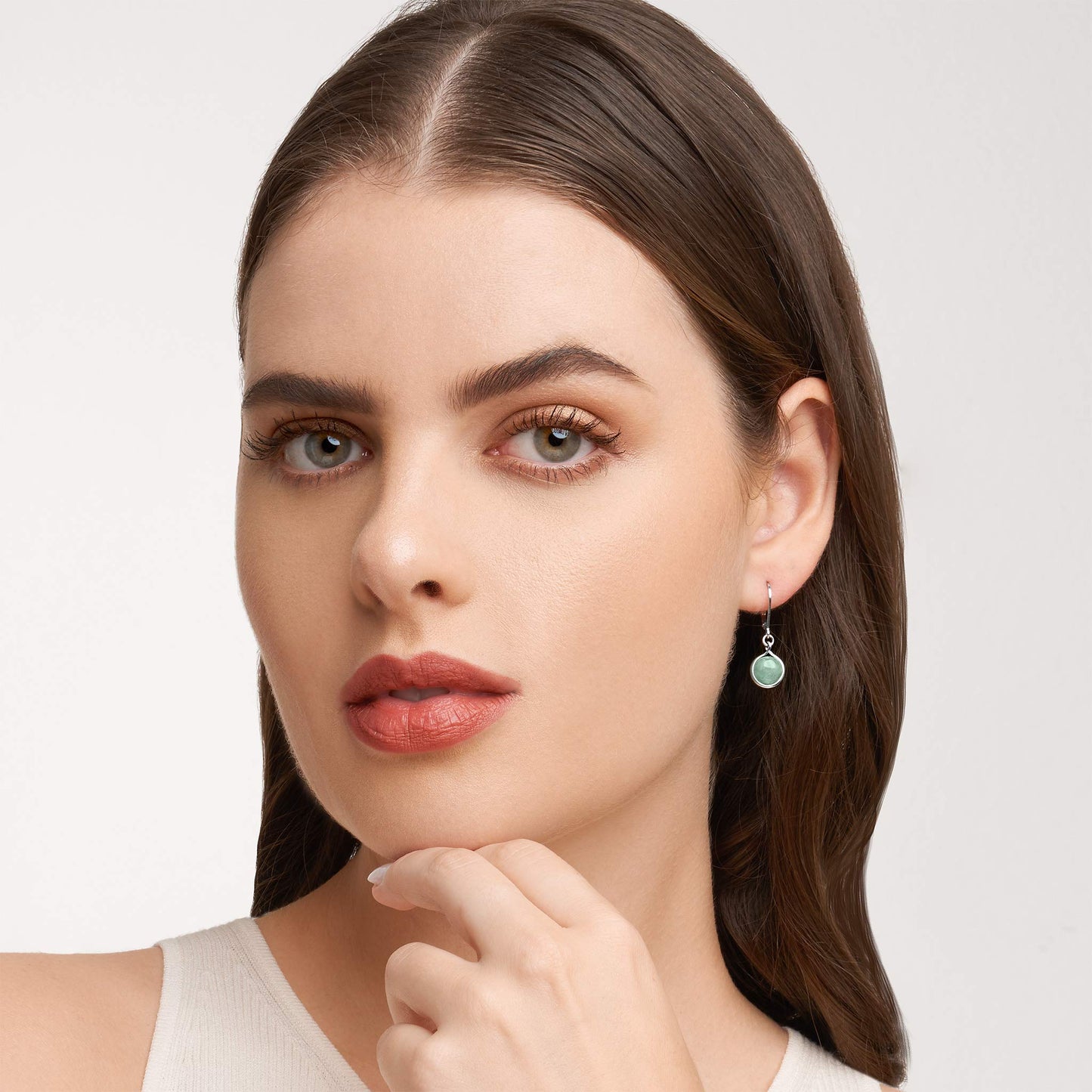 MORGAN & PAIGE .925 Sterling Silver Rhodium Plated Genuine Green Jade Bezel Set Round Leverback Earrings for Women - Hypoallergenic Dangle Sterling Silver Earrings, 1-1/8" Length