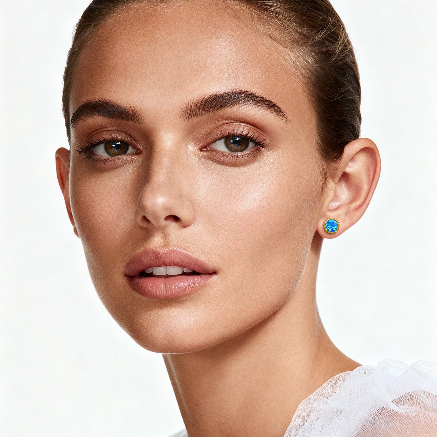 JiayangJY Silver Blue Fire Opal Stud Earrings for Women 18K Yellow Gold Plated Sterling Silver Round Shape 8mm Opal Earrings with Push Back
