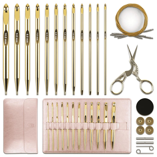 27Pc Gold Plated Tunisian Crochet Hooks Set 3mm-10mm, Interchangeable Aluminum Crochet Hook with Cable, Long Crochet Hooks for Tunisian Crochet, Versatile Crochet Hook Set for Craft Enthusiasts