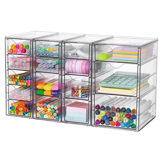 Vtopmart 4 Set Clear Desk Organizer, Pen Organizer with 16 Drawers, Acrylic Desktop Organization and Storage for Office Supplies, Pen, Makeup, Art Craft, Jewelry