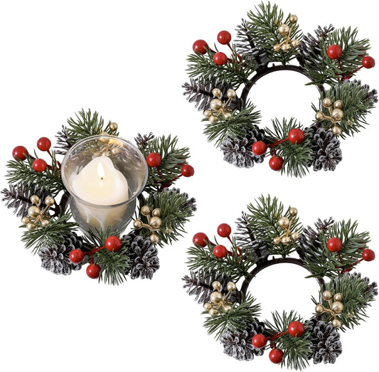 Skiennix Christmas Candle Rings - Elegant Gold & Red Floral Wreaths with Pinecones | Set of 2