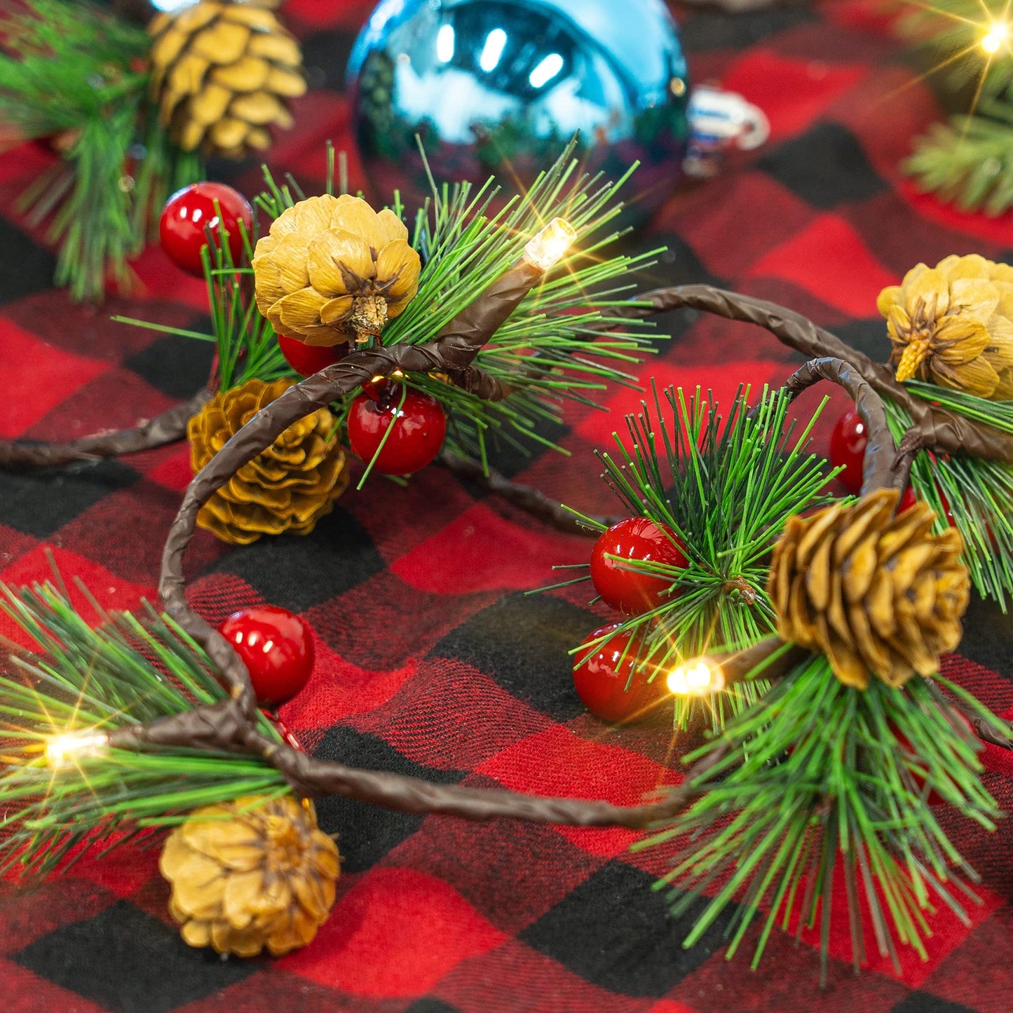 Dazzle Bright 2 Pack Pine Cone Christmas String Lights, Total 13FT 40LED Battery Operated Christmas Garland with Red Berry Pine Cone Fairy String Lights for Indoor Outdoor Xmas Decorations