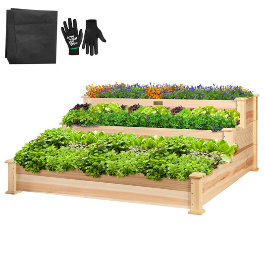 VIVOSUN 3-Tier Wooden Raised Garden Bed, 48 x 48 x 21 Inches, Outdoor Wood Planter Kit for Plants, Herbs, and Vegetables for Garden, Patio, Balcony, Backyard and Outdoors