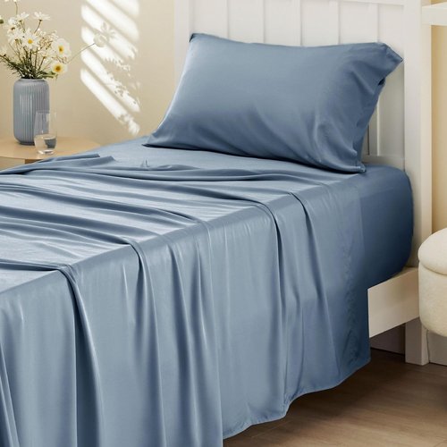 Bedsure Cooling Twin Sheets - Breathable Rayon from Bamboo, Soft & Silky, Deep Pocket Up to 16 Inches, Dusty Blue