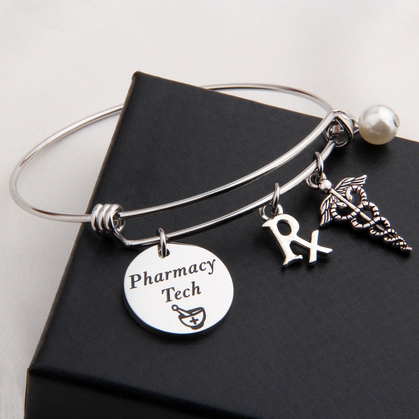 LQRI QIIER Pharmacy Tech Gift Pharmacy Technician Bracelet Expandable Wire Bangle RX Jewelry Gift for Pharmacist (Silver)
