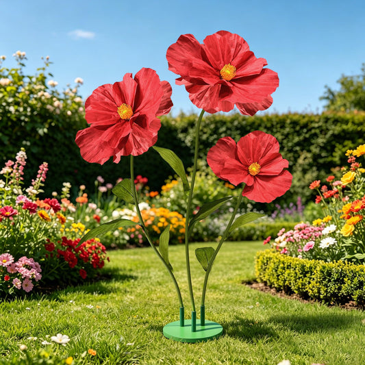 X-Kingsun 3Pcs 5.5ft Giant Poppy Plastic Flower Decoration with Stand Base Artificial Plastic Flowers Handcrafted Flowers for Wedding Outdoor Party Birthday Home Garden Backdrop Memorial Day