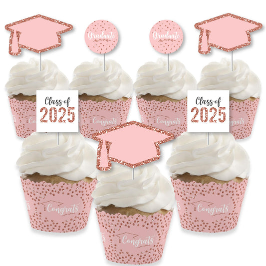 Big Dot of Happiness Rose Gold Grad - Cupcake Decoration - 2026 Graduation Party Cupcake Wrappers and Treat Picks Kit - Set of 24