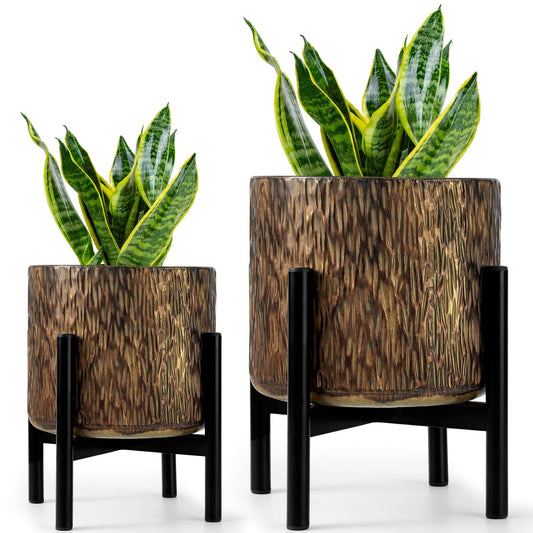 Harvest Land Plant Pots with Stand, Set of 2 Large Modern Planters Metal Tall Handmade Flower Pots with Drainage Holes Indoor Outdoor,Bronze