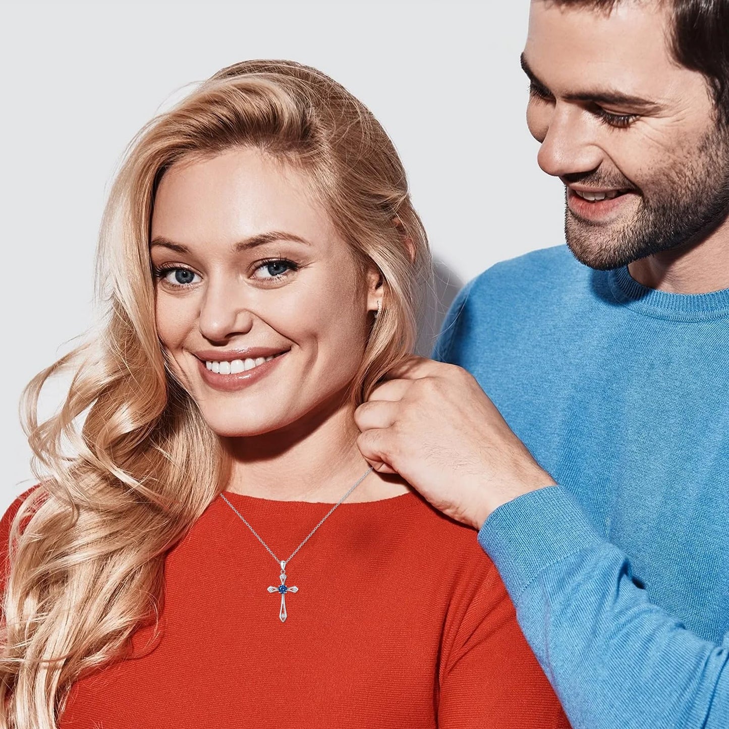 QUALISE Cross Necklace for Women,925 Sterling Silver September Birthstone Necklace Cross Pendant 5A CZ 12 Birth Months Birthstone Sapphire Jewelry Birthday Gifts for Her Wife Mom