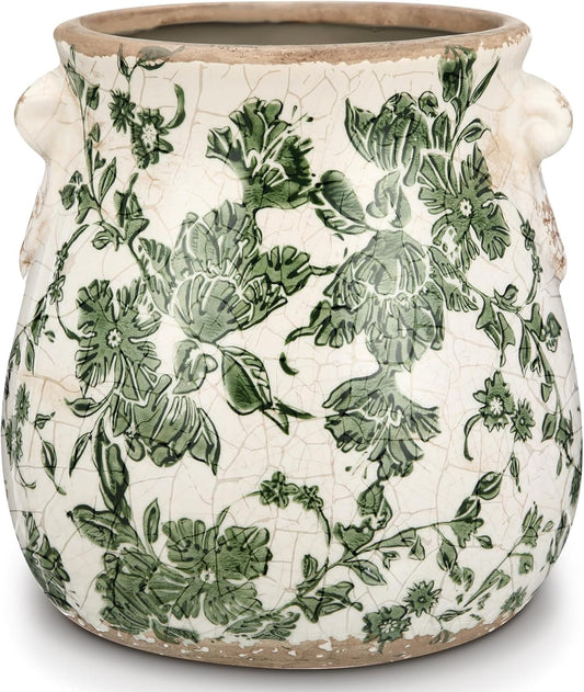 WK WENKRYGDN Vintage Plant Pot Rustic Planter Container with Drainage Hole Ceramic Ice Crack Flower Pot Decorative Planter for Indoor and Outdoor Tuscan Decor Vase Gardening Gift (Green)