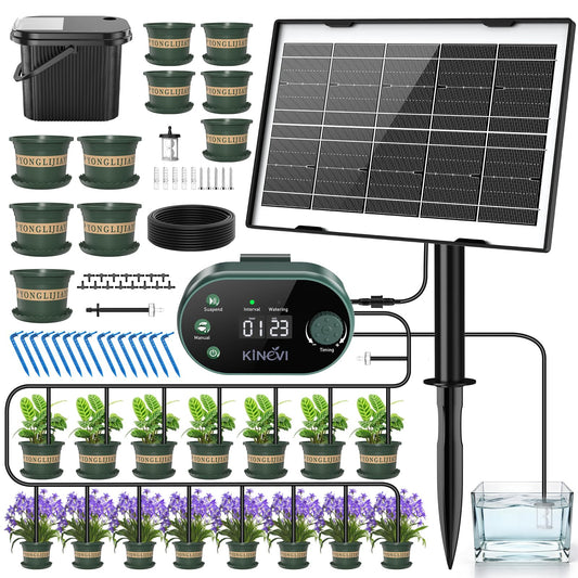 Solar Drip Irrigation System Kit, Auto Watering Kit for 15 Pots, 3W Solar Powered Auto Easy DIY Watering Device,22 Timing Modes with with Anti-Siphoning Device & Buckets and Flower Pots