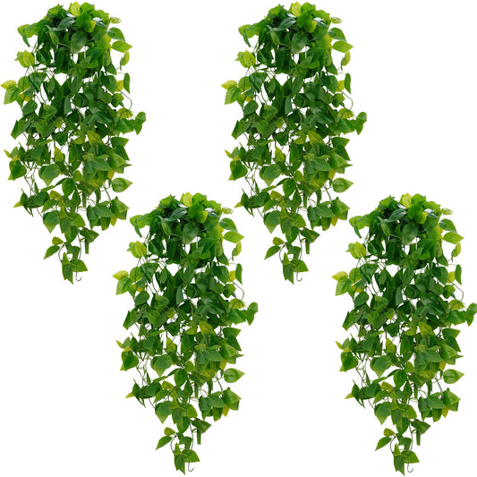 BLEUM CADE Fake Hanging Plants, 4pcs Artificial Pothos Vines Greenery for Wall Home Living Room Office Indoor Outdoor Decor (No Baskets)