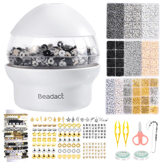 Beadact Clay Bead Spinner for Jewelry Making Kit, 8116PCS Black White Gold Beads with Bracelet Spinner, Friendship Bracelet Maker for DIY Crafts with Spacer Bead and Charm, Gift for Craft Lover&Adult