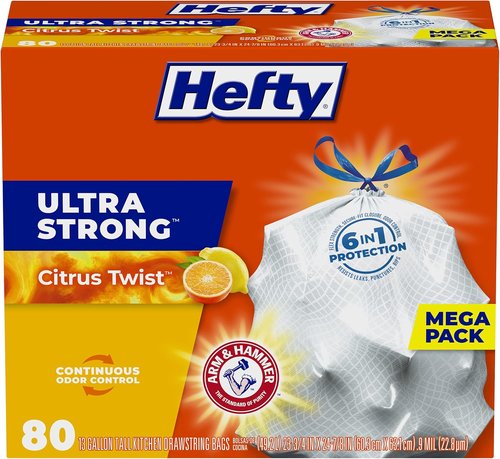 Hefty Ultra Strong 13 Gallon Trash Bags - Drawstring Closure & Odor Control | Citrus Twist Scent, 80 Count