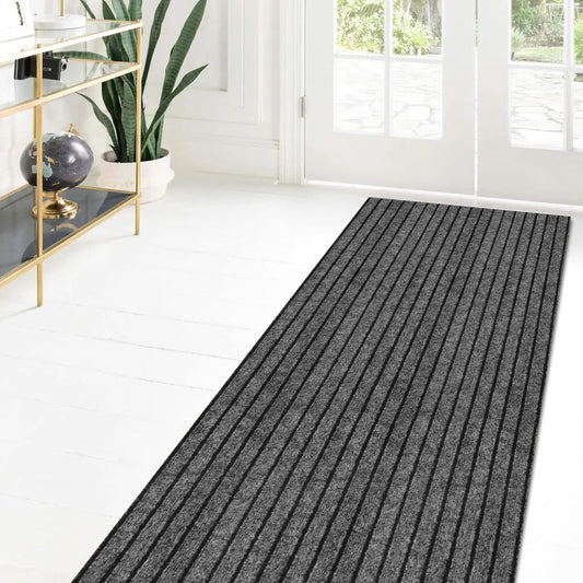 Skiennix Custom Size Runner Rug - Non-Slip Rubber Backing | 2 ft x 6 ft Gray with Black Stripe for Hallway, Kitchen, Garage