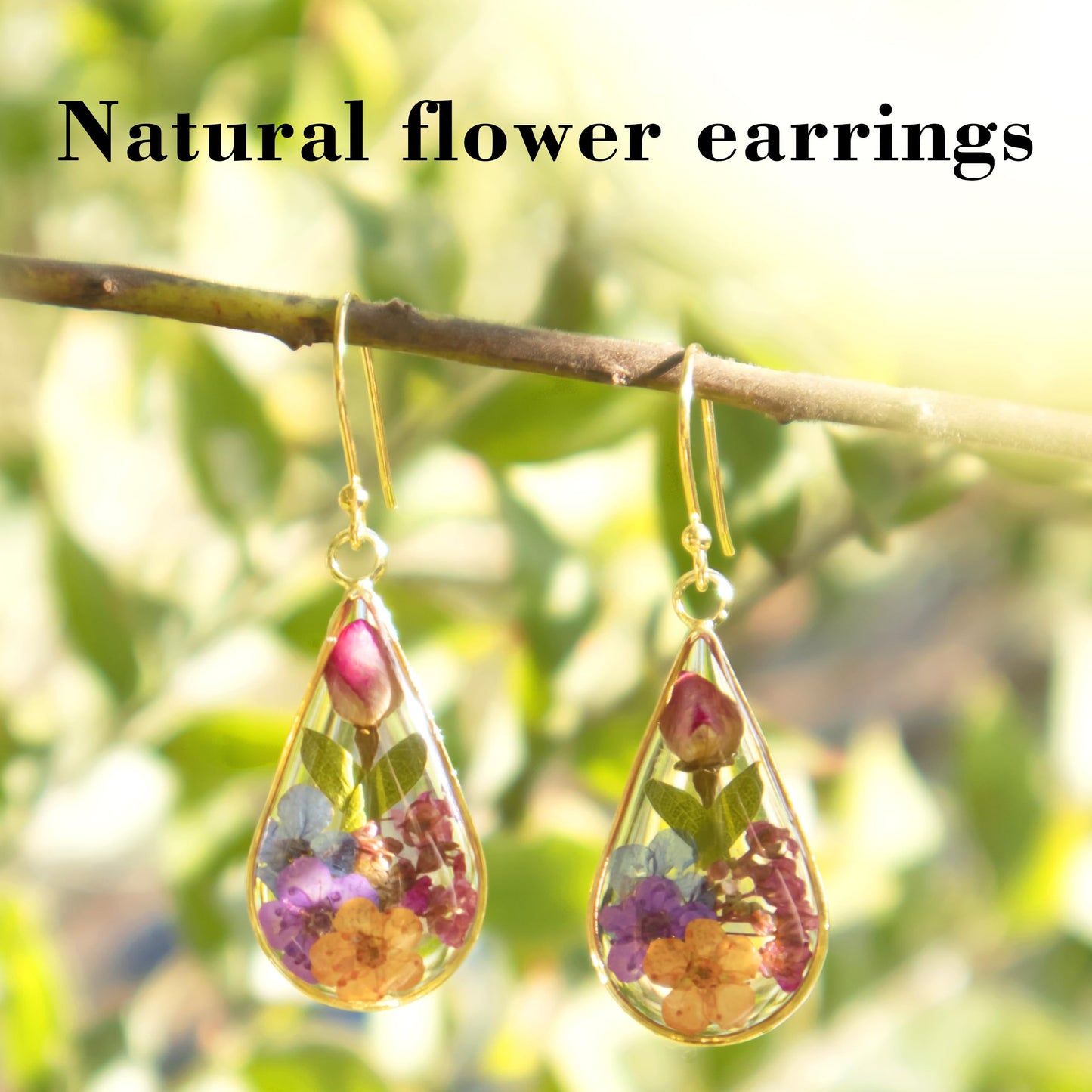 925 Sterling Silver Pressed Flower Teardrop Earrings,Hypoallergenic Women's Jewelry Gift for Mom,Handmade natural dried flower teardrop earrings Jewelry Gift (Forget-me-not silver)