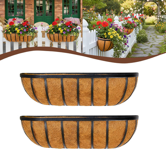 JFFLYIT 2 Pcs 24“ Railing Planter Window Box Deck Railing Planter Boxes with Coco Liner English Horse Trough Planters Metal Wall-Mounted Planters Basket for Outdoor Balcony Porch Fence Patio Rail