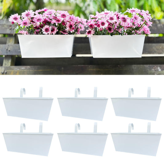 LaLaGreen Rail Planters (6 Pack, 14 Inch) White Metal Rectangle Window Boxes Outdoor, Strawberry Balcony Garden Deck Railing Fence Hanging Flower Pots with Detachable Hook Patio Porch Minimalist Decor