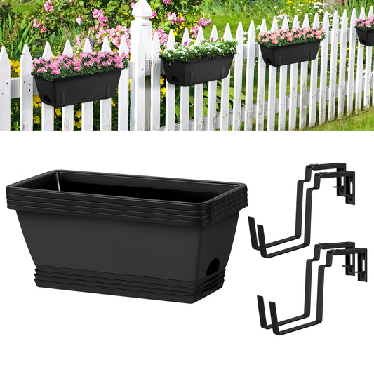 4 Pack Window Boxes Planters 17’’ Railing Planter Box with Adjustable Brackets, Deck Railing Hanging Flower Pots Rectangular Herb Planter for Outdoor Fence Garden, Balcony Decor