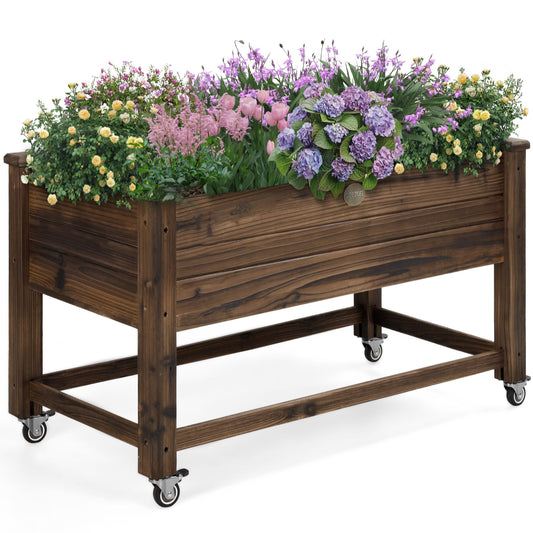 OIPRTGFJ Cedar Wood Outdoor Raised Garden Bed Planter Box with Locking Wheels, 41x21x20 inch, Carbonization Color