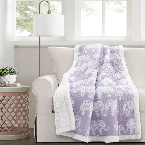 Lush Decor Elephant Parade Sherpa Throw Blanket 50" W x 60" L, Purple - Elephant Blanket for Kids - Plush Throw Blankets for Bed - Couch Blankets