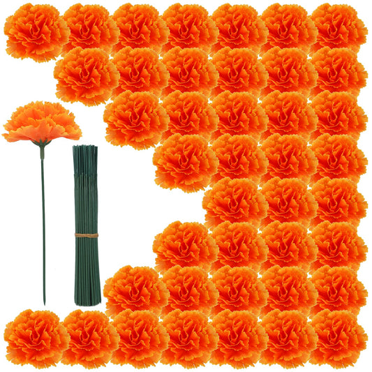100PCS Marigold Flower Heads with Stems – Artificial Cempasuchil Flowers for Día de Los Muertos Altar, Day of The Dead Decorations, Halloween, Mexican Party, DIY Garland & Wreath Décor（Orange）