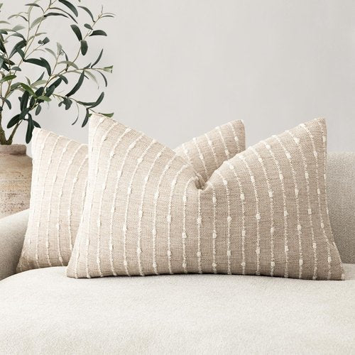 Foindtower Pack of 2 Decorative Jacquard Boucle Lumbar Throw Pillow Covers Accent Textured Striped Pillowcases Cozy Boho Cushion for Couch Sofa Bedroom Living Room Home Decor 12x20 Inch Natural Beige
