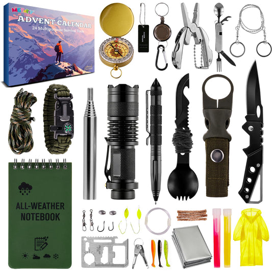 Survival Kit Advent Calendar 2025, 24 Days Outdoor Camping Gear Advent Calendar for Men, Tactical Emergency Survival Tools Gift Set for Dad Him Hunters Hikers Preppers Christmas Countdown Box