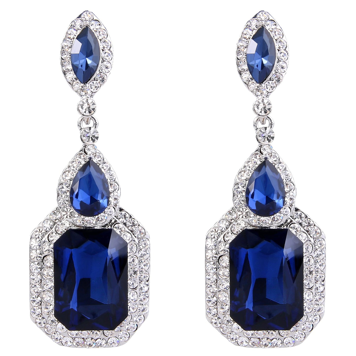 BriLove Wedding Bridal Dangle Earrings for Women Emerald Cut Crystal Infinity Figure 8 Chandelier Jewelry Navy Blue Sapphire Color Silver-Tone