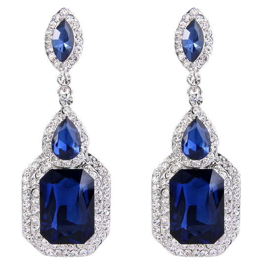 BriLove Wedding Bridal Dangle Earrings for Women Emerald Cut Crystal Infinity Figure 8 Chandelier Jewelry Navy Blue Sapphire Color Silver-Tone