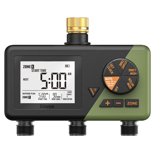 Diivoo Brass 3 Zone Sprinkler Timer, Programmable Hose Timers for Watering 3 Outlet with Large Display, Rain Delay & Manual Mode for Outdoor Automatic Irrigation of Garden, Lawn, Yard