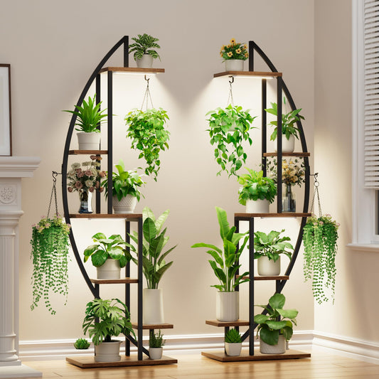 BACEKOLL Plant Stand Indoor with Grow Lights, 6 Tiered Tall Plant Shelf, 63" Metal Plant Stand for Indoor Plants Multiple, Half-Moon Plant Rack Display Shelf, 2 Pcs Plant Holder for Living Room, Patio