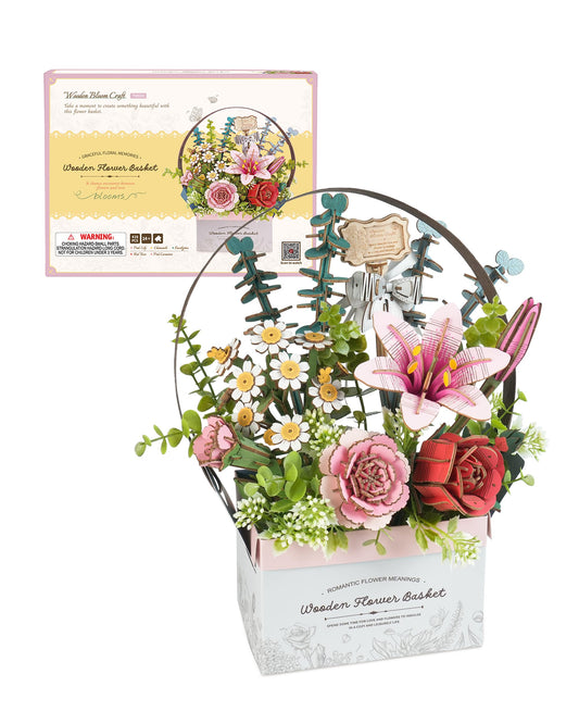 ROBOTIME 3D Wooden Puzzles for Adults, TW03H Wooden Flower Basket Craft Kit, Artificial Flowers Handheld Gift Box, Unique Gift for Birthday/Holidays/Homewarming