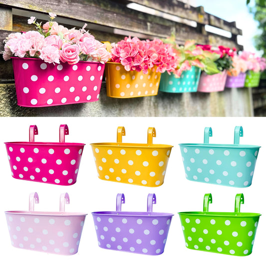 LaLaGreen Rail Planter (11.8 Inch, 6 Pack) Colorful Polka Dot Metal Hanging Flower Pots Railing Fence Balcony Gardening for Apartment Patio Planters Iron Outdoor Decoration Modern Garden Style Porch