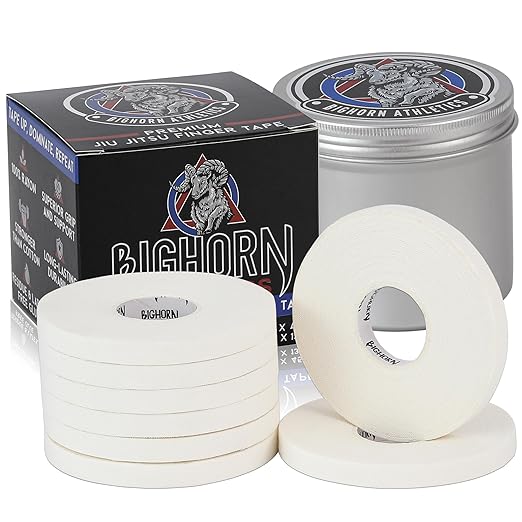 Bighorn Athletics Pro Series Jiu-Jitsu Finger Tape, 8-Rolls with Tin Holder, Enhanced Strength, Residue-Free (0.3-Inch, White)